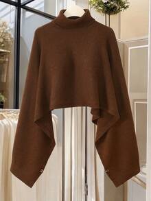 Modelyn Women's Turtleneck Poncho Sweater For Winter - Brown - View 1