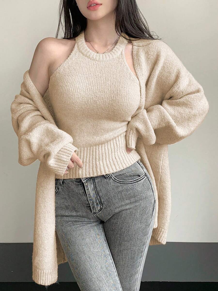 2 件套女士优雅纯色吊带背心开衫套装，秋季 - 米色 - 查看 1