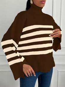 Cloudara Jersey con patrón de rayas cuello alto puño con abertura de hombros caídos - Marrón - Ver 4
