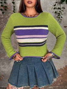 Whyspr Fall Autumn And Winter Grunge Punk Cottage Punk Plus Size Contrast Color Round Neck Raglan Sleeve Striped Knit Casual Pullover - Multicolor - View 3