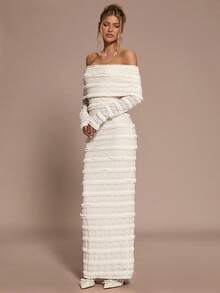 SHEIN BAE Apricot Lace Off Shoulder Long Sleeve Bodycon Dress With Back Slit, Elegant For Cocktail Party, Romantic Date, Autumn/Winter Layering, Party, Formal Gathering, Christmas - Apricot - View 4