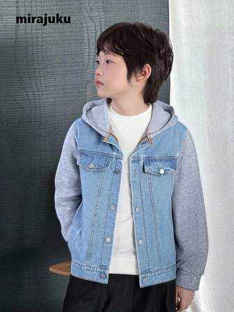 SHEIN Chaqueta con capucha de mezclilla con parches de moda casual simple para niños preadolescentes, corte holgado, cómoda, versátil, adecuada para otoño, primavera, invierno, uso diario, ir y venir, al aire libre, escuela, ropa urbana, fiesta, fotografía