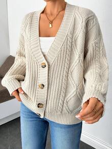 EURMUSE 休闲 V 领纽扣针织与菱形针织落肩气球灯笼袖开衫 - 杏色 - 查看 4