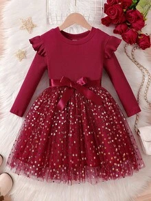 SHEIN Glamorique Kids Young Girl' Long Sleeve Knitted Tulle Star Mesh Princess Dress,,Christmas Cos - Red - View 3