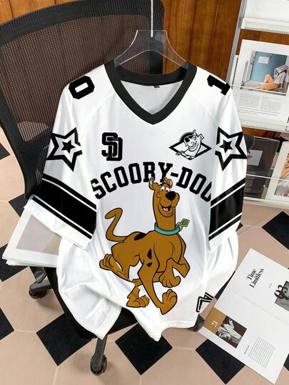 SCOOBY-DOO X SHEIN Women's Casual Colorblock Letter & Dog Pattern V-Neck Short Sleeve T-Shirt, Summer Oversized Jersey