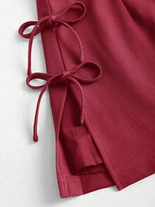 Sweetra Rok Mini Wanita Model A-Line Seksi dengan Pita dan Belahan Samping untuk Musim Semi/Panas - Merah - View 4