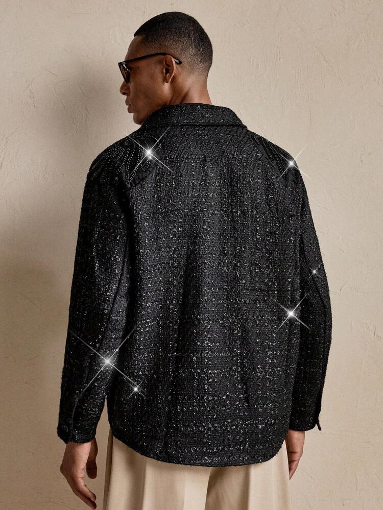 Men's Single-Breasted Long Sleeve Beaded Decor Black Jacket, Autumn