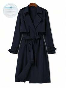 Franclia Plus Size Women's Solid Color Lapel Collar Long Sleeve Double-Breasted Casual Trench Coat, Spring Autumn Fall Winter Cloth For Women