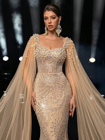 Glamrae Elegantes luxuriöses Champagner-Paillettenkleid mit Blumenmuster und Tüllärmel, geeignet für Hochzeiten, Partys, Urlaub, Galas, festliche Anlässe