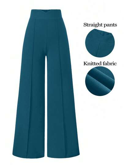 SHEIN Unity Women's Solid Color V-Waist Toothpick Stripe Design Wide Leg Loose Pants