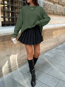 EURMUSE Women's Solid Color Crew Neck Long Sleeve Minimalist Sweater, Casual Everyday - Army Green - View 5