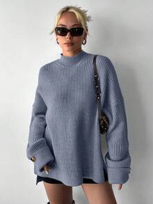 EURMUSE Stand Collar Drop Shoulder Long Sleeve Women's Sweater With Front Short Back Long Design - Grey - View 6