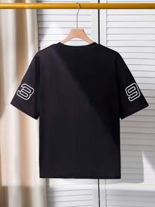 SHEIN 青少年男孩字母印花短袖圆领休闲 T 恤 - 黑色 - 查看 2