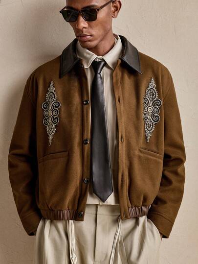 AKNOTIC Business Casual 男士时尚通勤长袖夹克，皮革领口和贴布设计，秋季、圣诞节、新年魅力之选