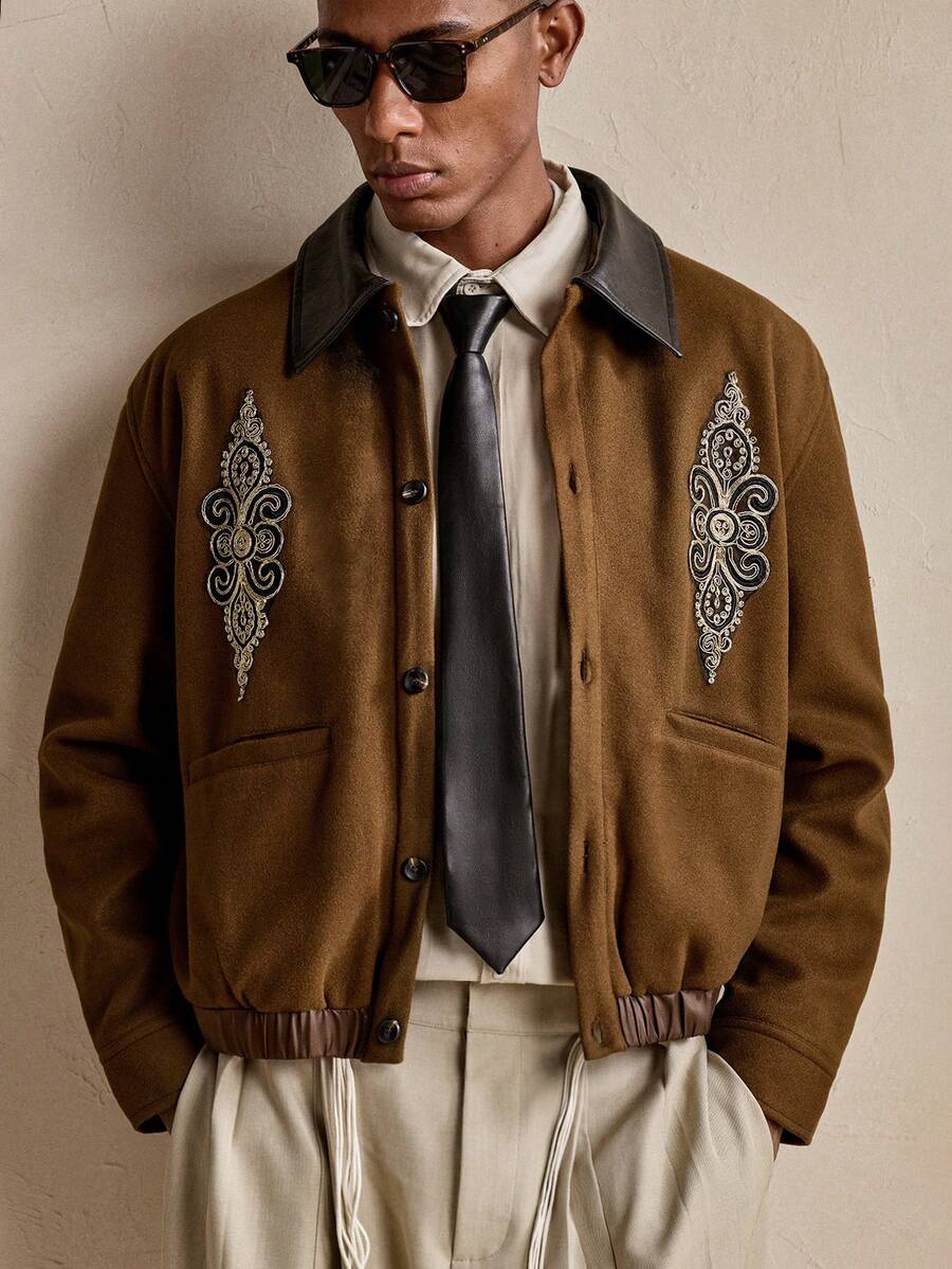 AKNOTIC Business Casual 男士时尚通勤长袖夹克，皮革领口和贴布设计，秋季、圣诞节、新年魅力之选 - 黃色 - 查看 1