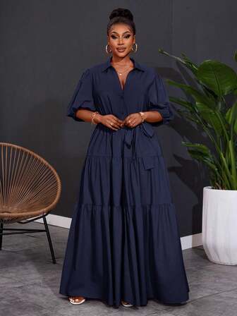 SHEIN CURVE+ 2025 Plus Size Dam Enfärgad Kortärmad Vårklänning med A-linjeformad Rynkad Panel, Curve Plus, Hoho Vacation