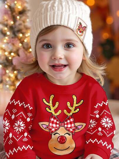 SHEIN Baby Girl Happikins 1pc Christmas Red Angora, Cute Glitter Reindeer Print, Fair Isle Pattern, Casual Minimalist Thick Soft Loose Crew Neck Sweatshirt, Suitable For Autumn/Winter, Christmas Gifts, Cozy Season, Christmas Vibes, Autumn & Winter For, Easy Comfort, Autumn & Winter Layers, Stylish, Casual Wear, Graphic, Fall & Winter