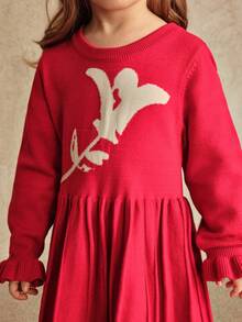 SHEIN Girls Floral Print Round Neck Long Sleeve Maxi Sweater Dress, Red - Red - View 8