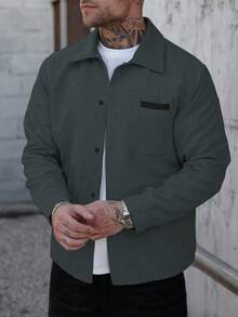 Manfinity Homme 男士衬衫外套，男士前扣长袖口袋简约衬衫外套，休闲日常穿着，男士外套，男士衬衫外套，秋冬男士外套，男友礼物，外出保暖长袖休闲灯芯绒法兰绒外套，男士衬衫外套，男士灯芯绒衬衫工作外套，男士灰色纽扣衬衫外套 - 深灰色 - 查看 4