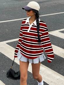 SHEIN EZwear 休闲简约学院风拼色条纹全身印花女式半拉链 Polo 领长袖宽松 T 恤，适合秋冬季、复古/怀旧、性感、可爱、Y2K、椰子女孩、波西米亚风、嬉皮士、音乐节 - 酒紅色 - 查看 5