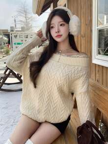 DAZY Women's Autumn/Winter Lace Patchwork Off Shoulder Cable Knit Loose Pullover Sweater, Casual & Elegant Cute Tops - Apricot - View 6