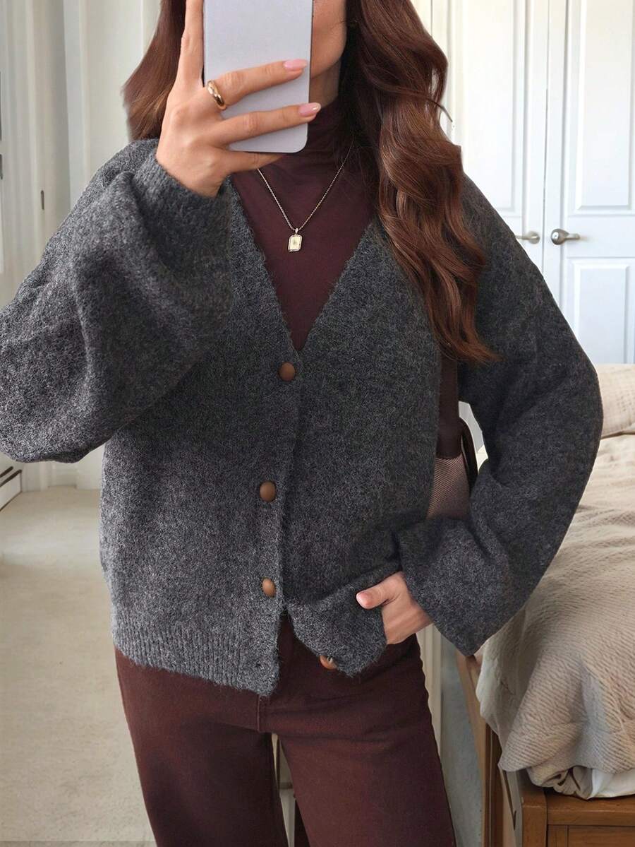 Isle Nomé Women's Casual Everyday Commute Comfortable Simple Solid Color Drop Shoulder Loose Button Front Cardigan, Autumn/Winter - Grey - View 1