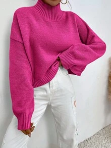 EURMUSE Mock Neck Drop Shoulder Sweater - Hot Pink - View 6