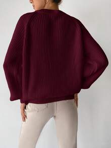 EURMUSE Women's Casual Solid Color Raglan Sleeve Sweater, Autumn - Burgundy - View 2