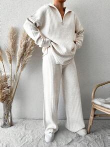 EURMUSE Half Zip Drop Shoulder Sweater & Knit Pants - White - View 5