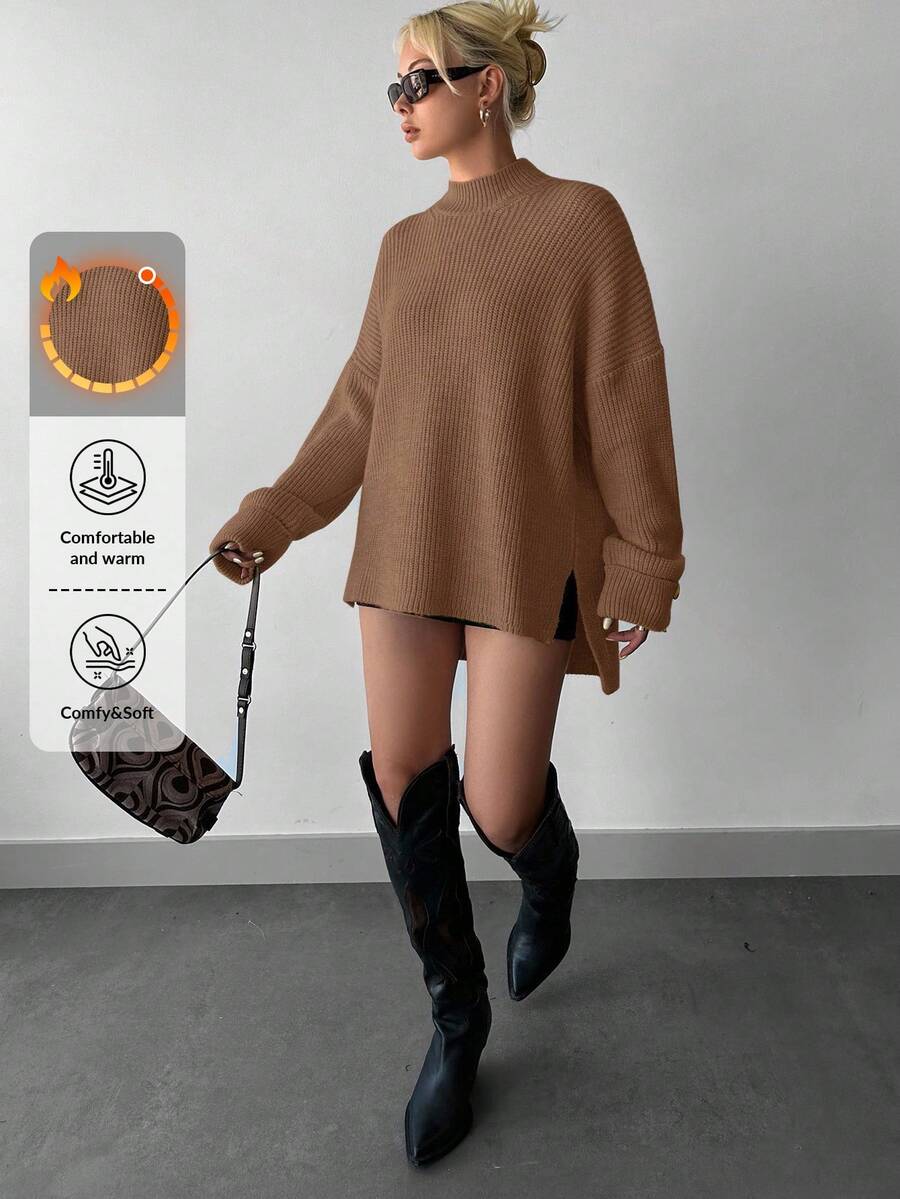 Stand Collar, Dropped Shoulder Sleeves, Short Front And Long Back Women's Sweater - Brown - View 1