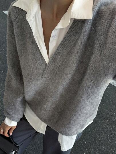 DAZY Suéter holgado de punto con cuello en V, unicolor, para otoño