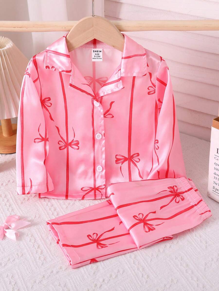 SHEIN 2件套女婴休闲蝴蝶结印花长袖上衣和裤子家居服套装,粉色 - 紅色 - 查看 1