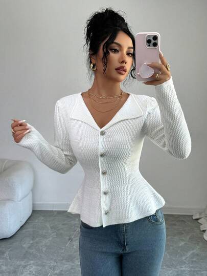 SHEIN Elenzya French Elegant White V-Neck Single-Breasted Long Sleeve Puff Sleeve Knitted Fashion Sweater, Waist-Cinched A-Line Goddess Style Cardigan Sweater For Women