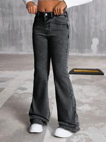 SHEIN Explorewe Jeans acampanados de cintura alta lavados en azul retro para niñas, pantalones vaqueros elásticos de pierna acampanada con dobladillo deshilachado, adecuados para salidas casuales y uso al aire libre - Negro - Ver 5