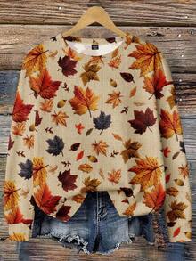 EMERY ROSE Plus Size Women Maple Leaf Textured Print Sweatshirt, Autumn,Fall Halloween Winter - Multicolor - View 3