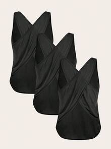 SHEIN Velisys 3 pièces Pack de débardeurs de sport de base, tissu absorbant l'humidité, design croisé, couleur noire, sans couture pour le fitness, le yoga - Noir - Voir 2