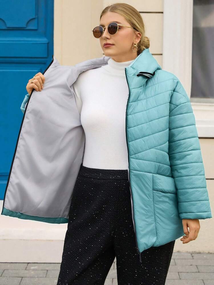 Plus Size Women's Street Fashion Casual Warm Solid Color Zip-Up Hooded Padded Coat, Winter Coat, Thick Padded Coat, Winter, Going Out, 2025 New , Simple And Fashionable For Everyday Wear, Thickened Padded Coat, Quilted Coat With Pockets, Going Out, 2025 New , Simple And Fashionable For Everyday Wear, Christmas For Women , New Year