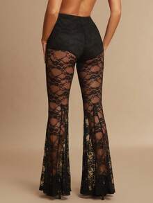 Silquee Autumn And Winter Fashion Transparent Black Lace Flared Pants, Wear With A Suit Jacket, Sexy, Suitable For Music Festivals, Carnivals And Holidays, Valentine's Day, Christmas Clothing, Dating/Outing/Nightclub Party/Gathering Flared Pants Transparent Pants Black Flared Pants,Black Pant - Black - View 2