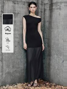 Chiquease Halloween Women's Elegant Cold-Shoulder Asymmetric Neck Chiffon Patchwork Sheer Hem Cinched Waist Dress