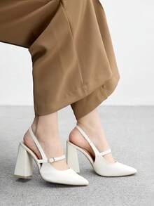CUCCOO BIZCHIC 女士时尚尖头粗跟米色绑带简约高跟鞋，无后跟设计，适合日常通勤、工作、购物、派对和圣诞节等正式场合。 - 白色 - 查看 5