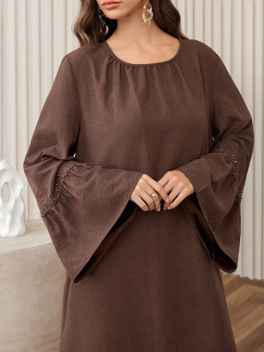 Al Najma Women's Casual Elegant Loose High-End Luxurious Beaded Rhinestone Sequin Ruffle Cuff Brown Versatile Fashion Arabic Dress - Brown - View 1