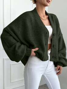 EURMUSE Women's Solid Color Drop Shoulder Long Sleeve Single Breasted Casual Cardigan - Army Green - View 3