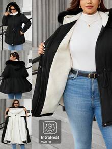 Easura Abrigo con capucha, cintura ceñida y manga larga + cuello desmontable de piel acolchado para tallas grandes