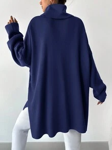 EURMUSE Women's Solid Color High Neck Batwing Sleeve Sweater With Side Slits - Navy Blue - View 2