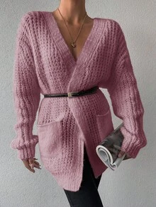 SHEIN Solid Color Pocket Long Sleeve Cardigan - Dusty Pink - View 3
