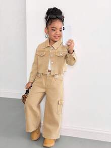 2pcs/Set Young Girl Khaki Denim Lapel Long Sleeve Jacket And Loose Pants,Fall Clothes,Winter Clothing ,Casual And Fashionable Vacation Outfits,2000s Style ,Halloween Denim Jeans ,Christmas - Khaki - View 6