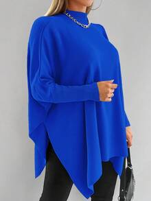 EURMUSE Mock Neck Batwing Sleeve Asymmetrical Hem Sweater - Blue - View 5