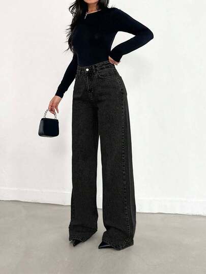 SHEIN PETITE Jeans a vita alta, gamba ampia, orlo lungo, blu - 716 gr