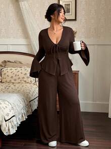 Flirla Plus Size Front Tie Flare Sleeve Fitted Knit Top And Pants 2 Pieces Set - Coffee Brown - View 6