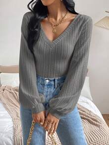 Firerie 女式纯色V领灯笼袖休闲时尚T恤 - 灰色 - 查看 4